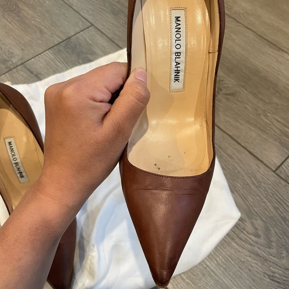 Manolo Blahnik Chocolate Brown Pointed-Toe Leather Pumps - Picture 10 of 12